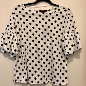 White and Black Polka Dot Ruffled Sleeve Blouse